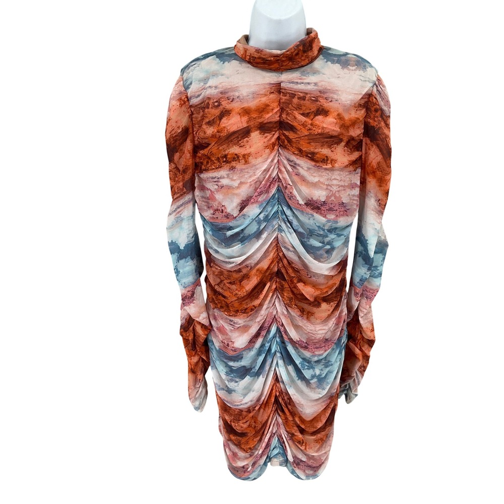 Wild Fable Ruched Bodycon Dress Women XXL Rust Blue Tie Dye Mesh Earthy Boho NEW